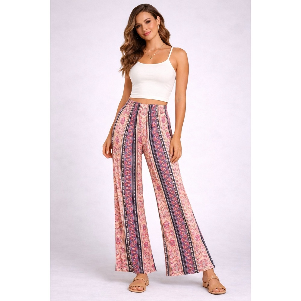 Rainbow Boho Wide Leg Pants Medium Paisley Stripe Stretch Flare Festival